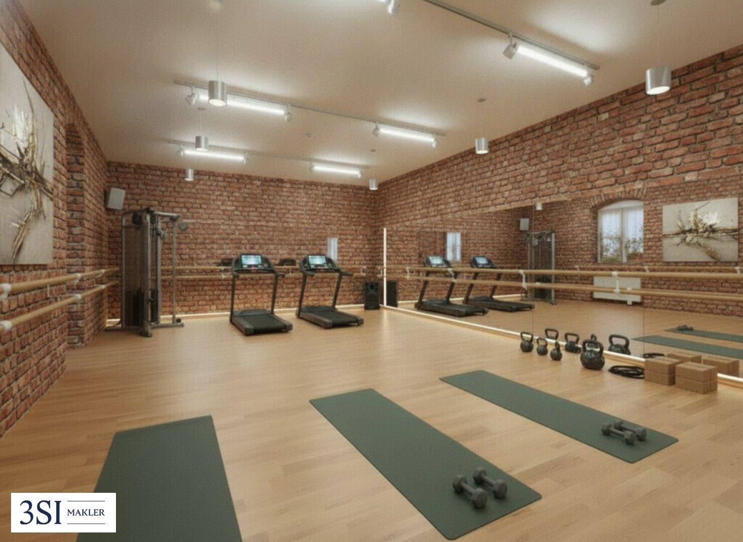 Vielseitiger Trainingsraum mit Laufbändern, Hanteln, Spiegeln und Ballettstangen an Ziegelwänden.