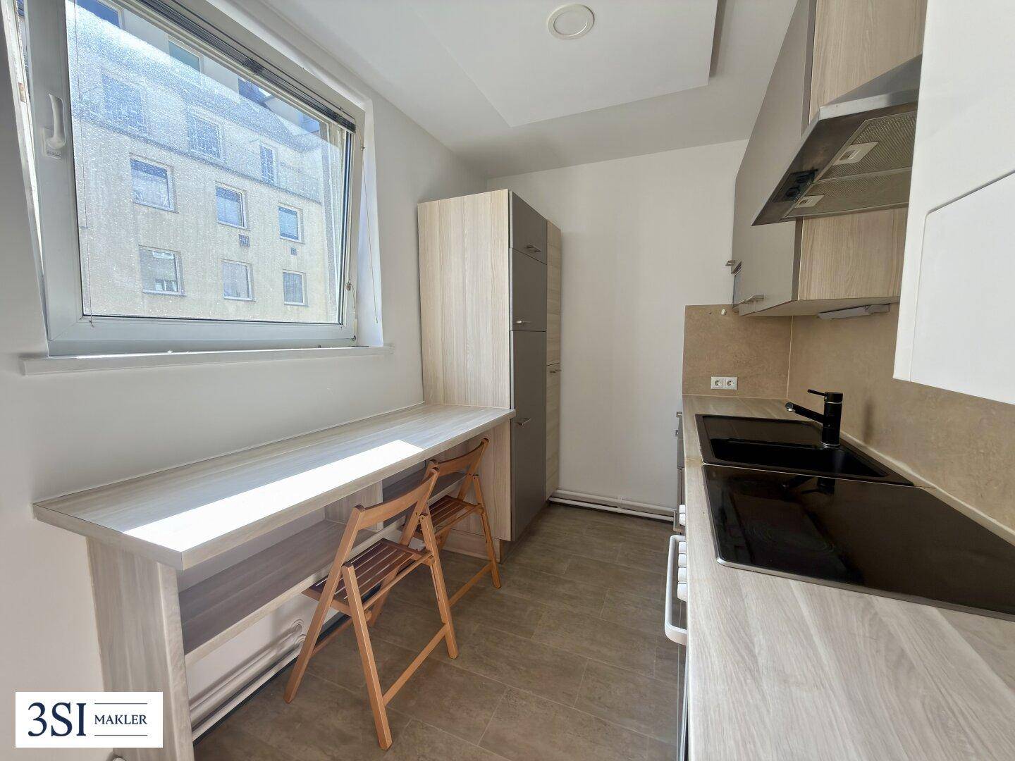 Kleine Küche mit Arbeitsplatte, Spüle, Kochfeld und einem Fenster mit Blick nach draußen.