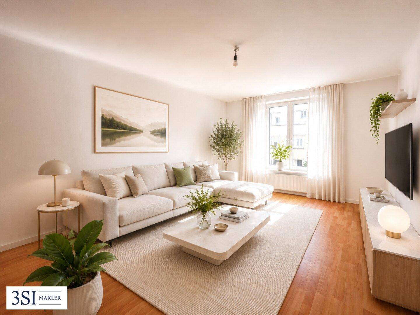 Gemütliches Wohnzimmer mit großem Sofa, Couchtisch, Holzboden und viel Tageslicht.
