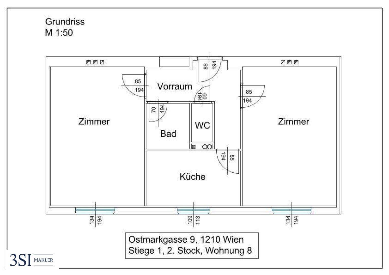 Grundriss der Wohnung mit Zimmern, Bad, WC und Küche, inklusive Maßen.