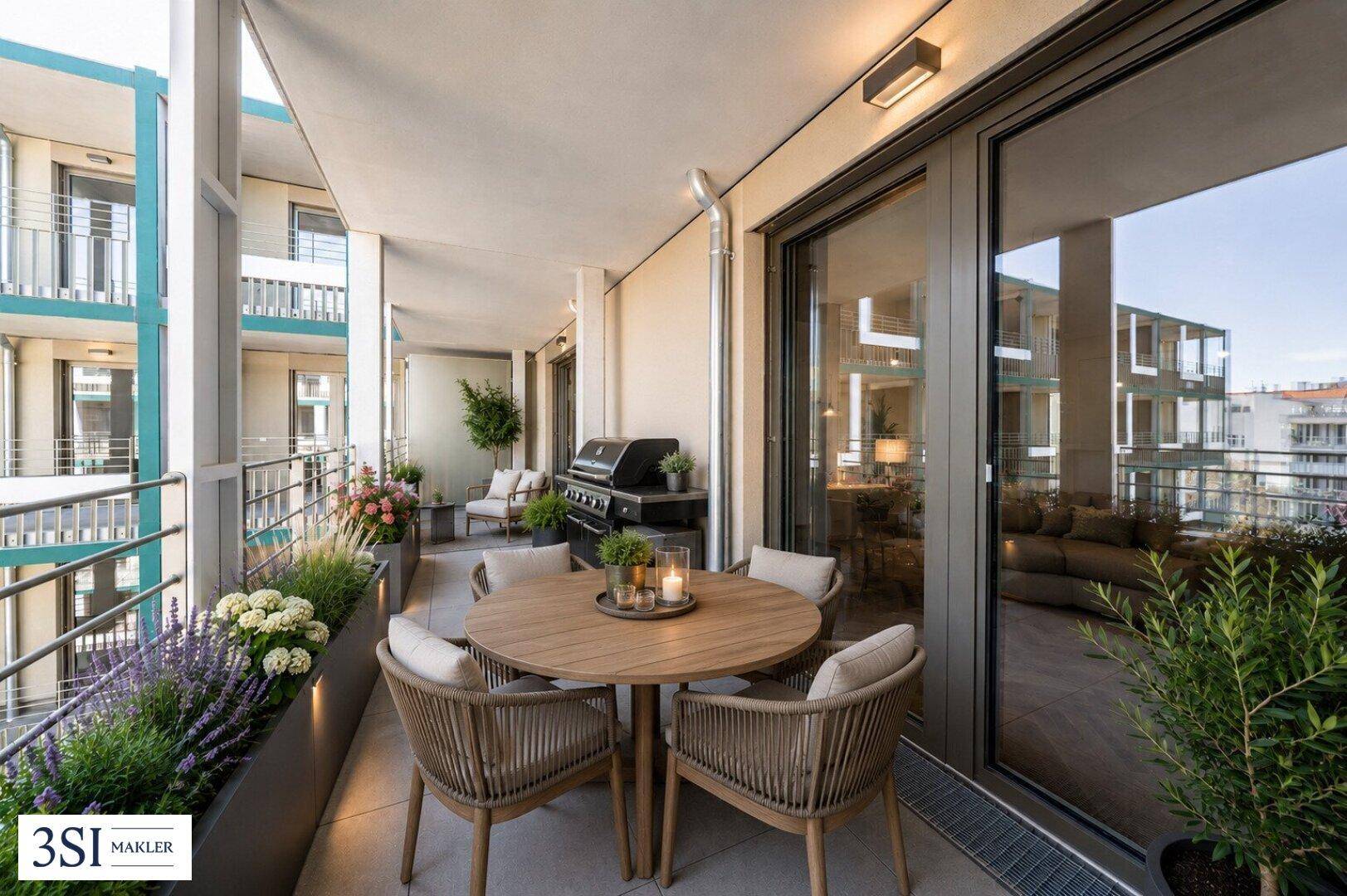 Geräumiger Balkon mit Essbereich, Grill und Lounge-Möbeln, ideal für entspannte Stunden im Freien.