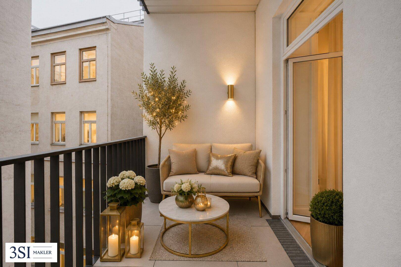 Gemütlicher Balkon mit Sitzgelegenheiten, Pflanzen und stimmungsvoller Beleuchtung für entspannte Abende.
