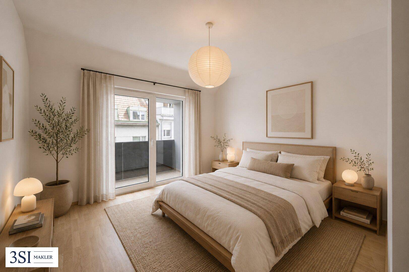 Helles Schlafzimmer mit Doppelbett, Nachttischen und direktem Zugang zu einem Balkon.