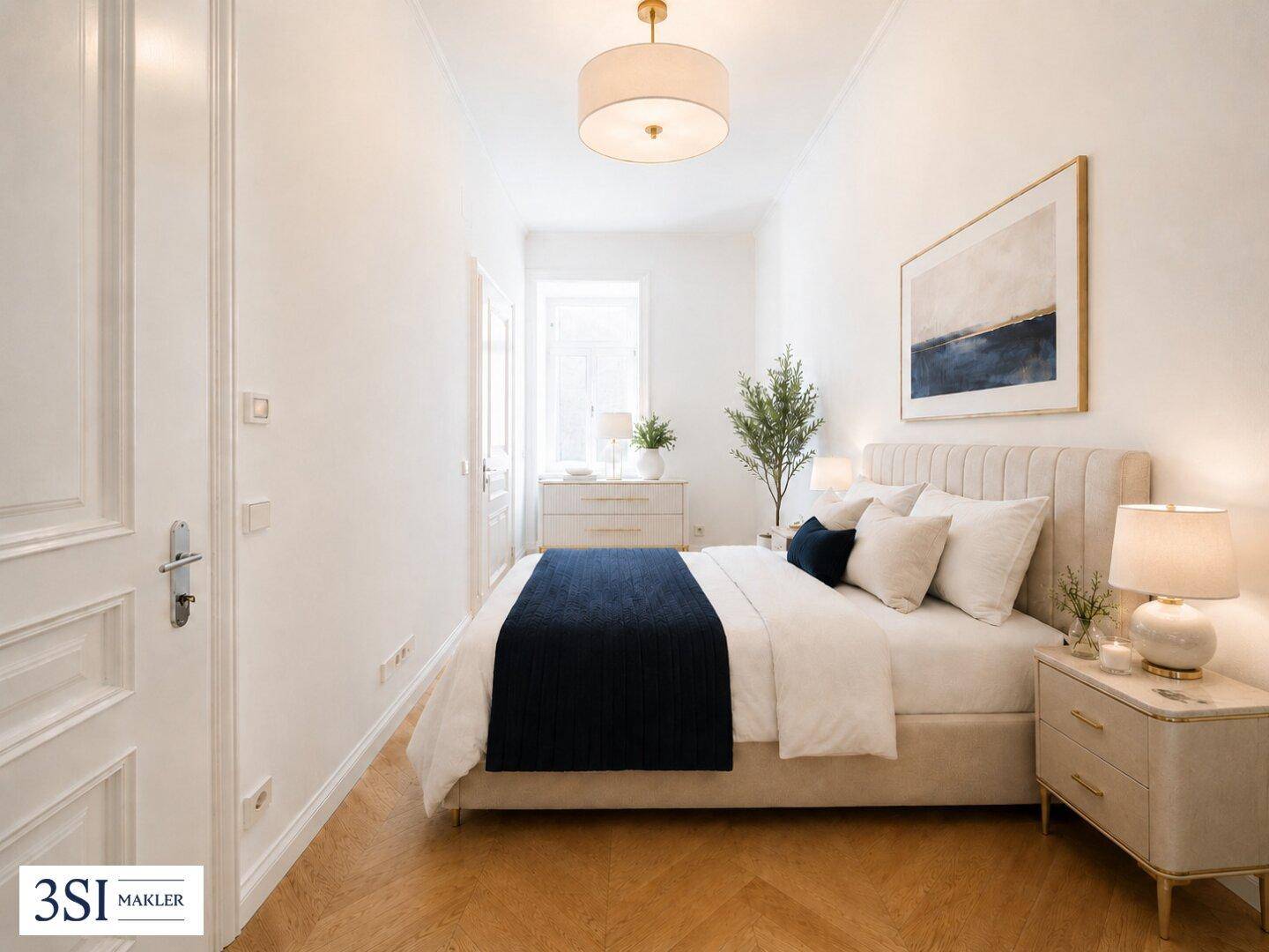 Gemütliches Schlafzimmer mit Doppelbett, Parkettboden und dezenter Beleuchtung für eine ruhige Atmosphäre.