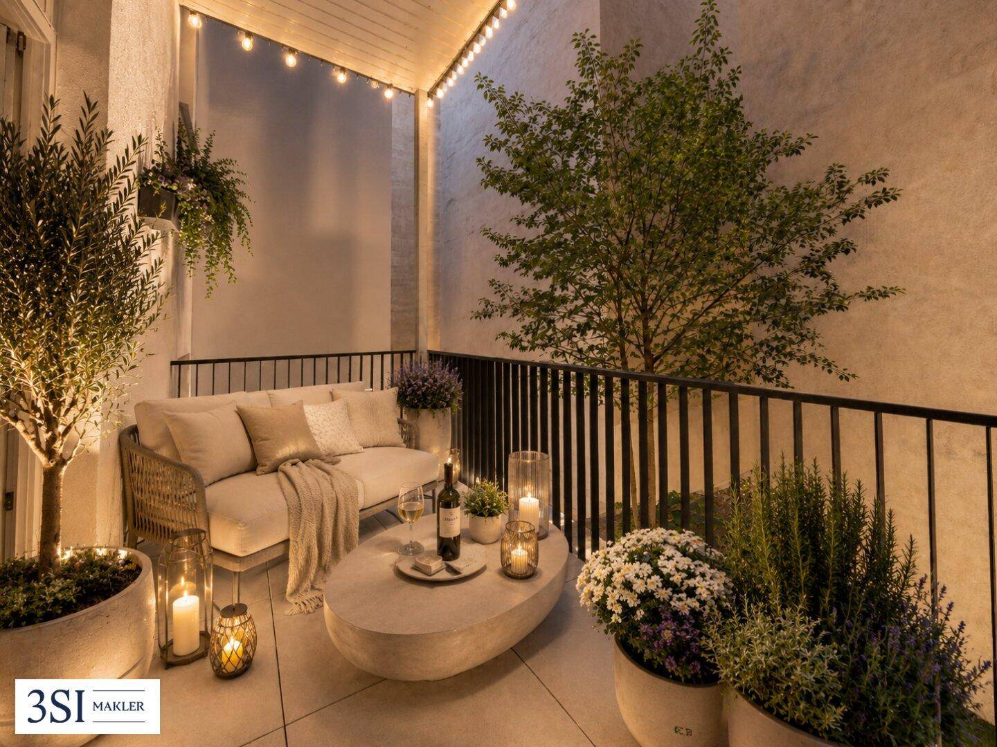 Gemütlicher Balkon mit Sitzgelegenheiten, Pflanzen und stimmungsvoller Beleuchtung für entspannte Abende.