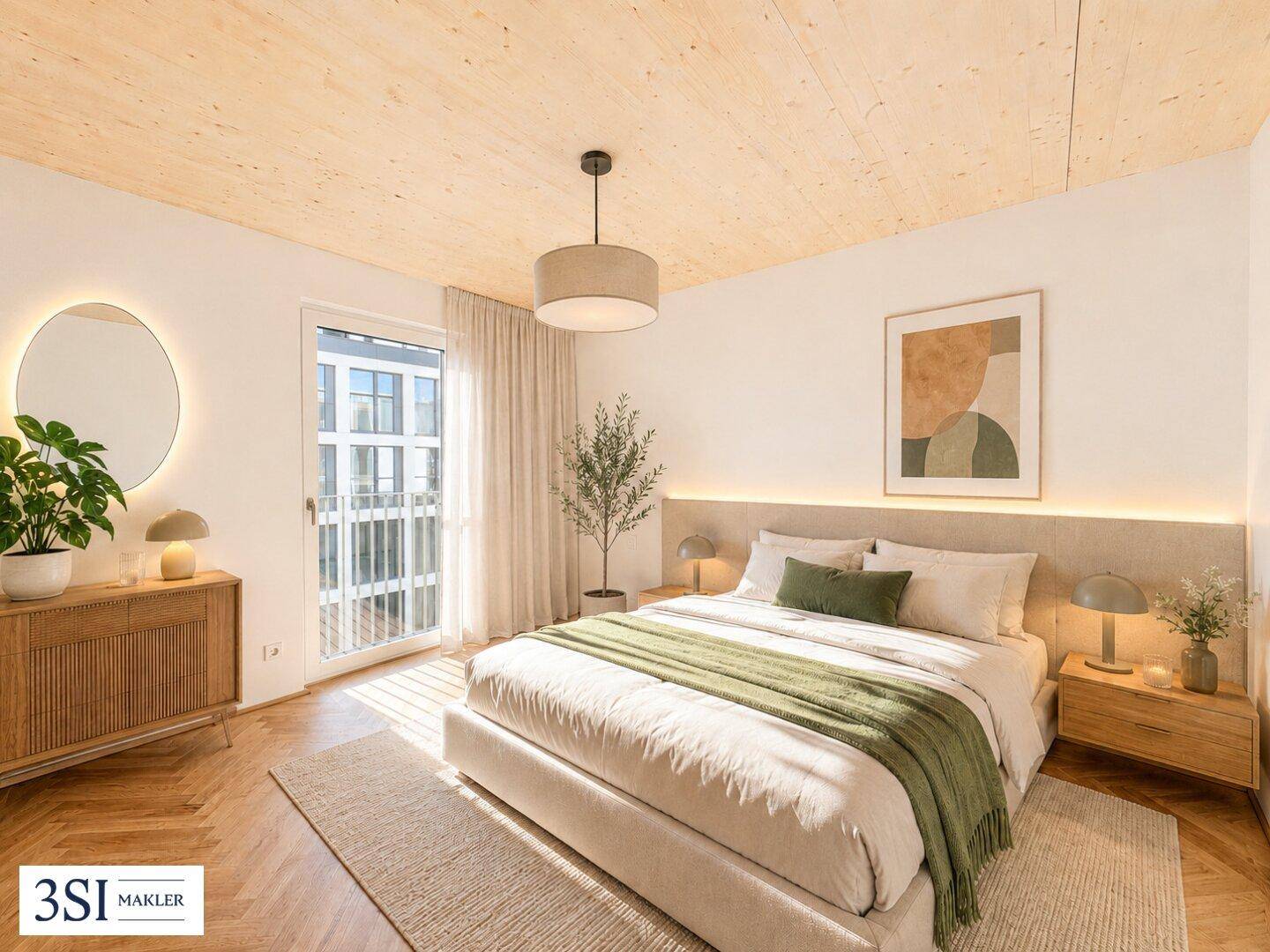 Modernes Schlafzimmer mit Holzbalkendecke, Parkettboden und Zugang zum Balkon.