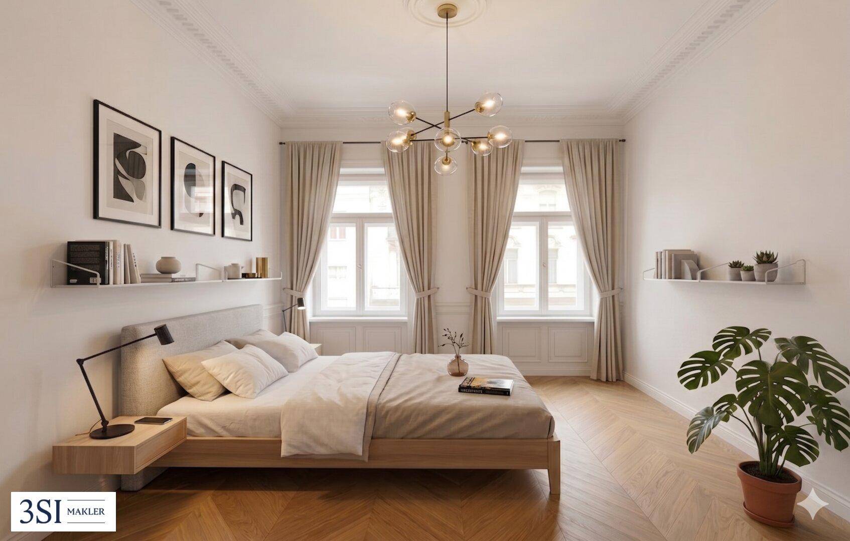Helles Schlafzimmer mit modernem Design, elegantem Fischgrätparkett, hohen Decken und großen Fenstern für viel Tageslicht.