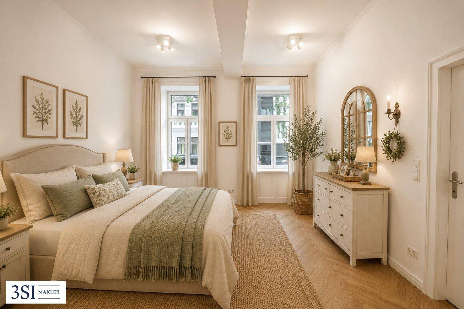 Gemütliches Schlafzimmer mit hellem Fischgrätparkett, zwei Fenstern und stilvoller Einrichtung.