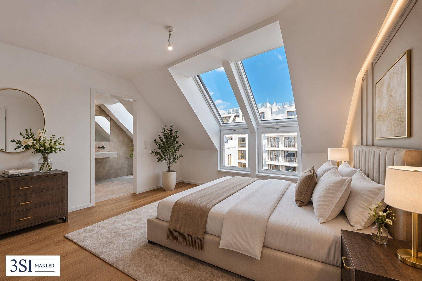 Modernes Schlafzimmer mit Holzboden, Dachfenstern und stilvoller Einrichtung.