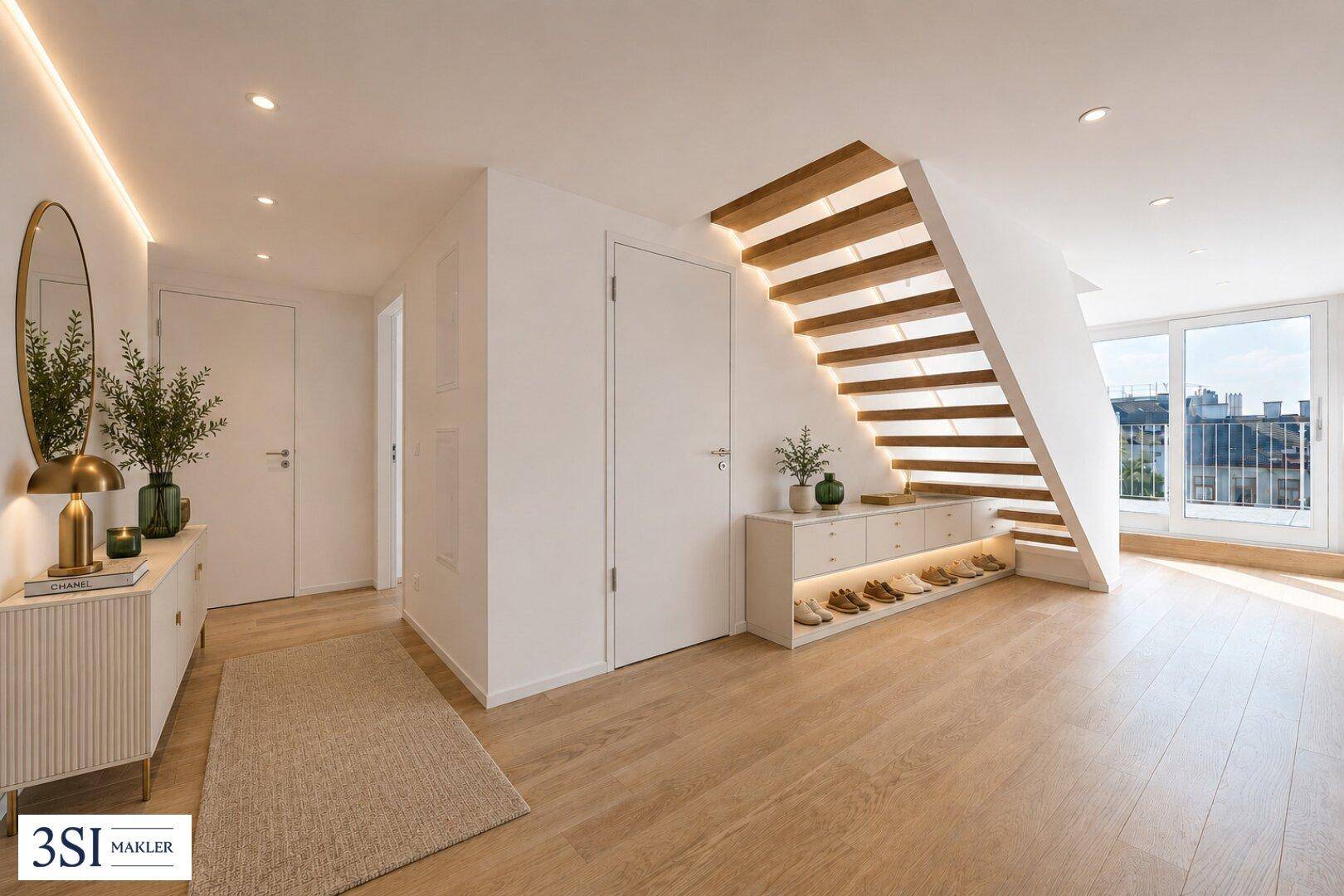 Moderner Flur mit Holzboden, offener Treppe und stilvoller Dekoration.