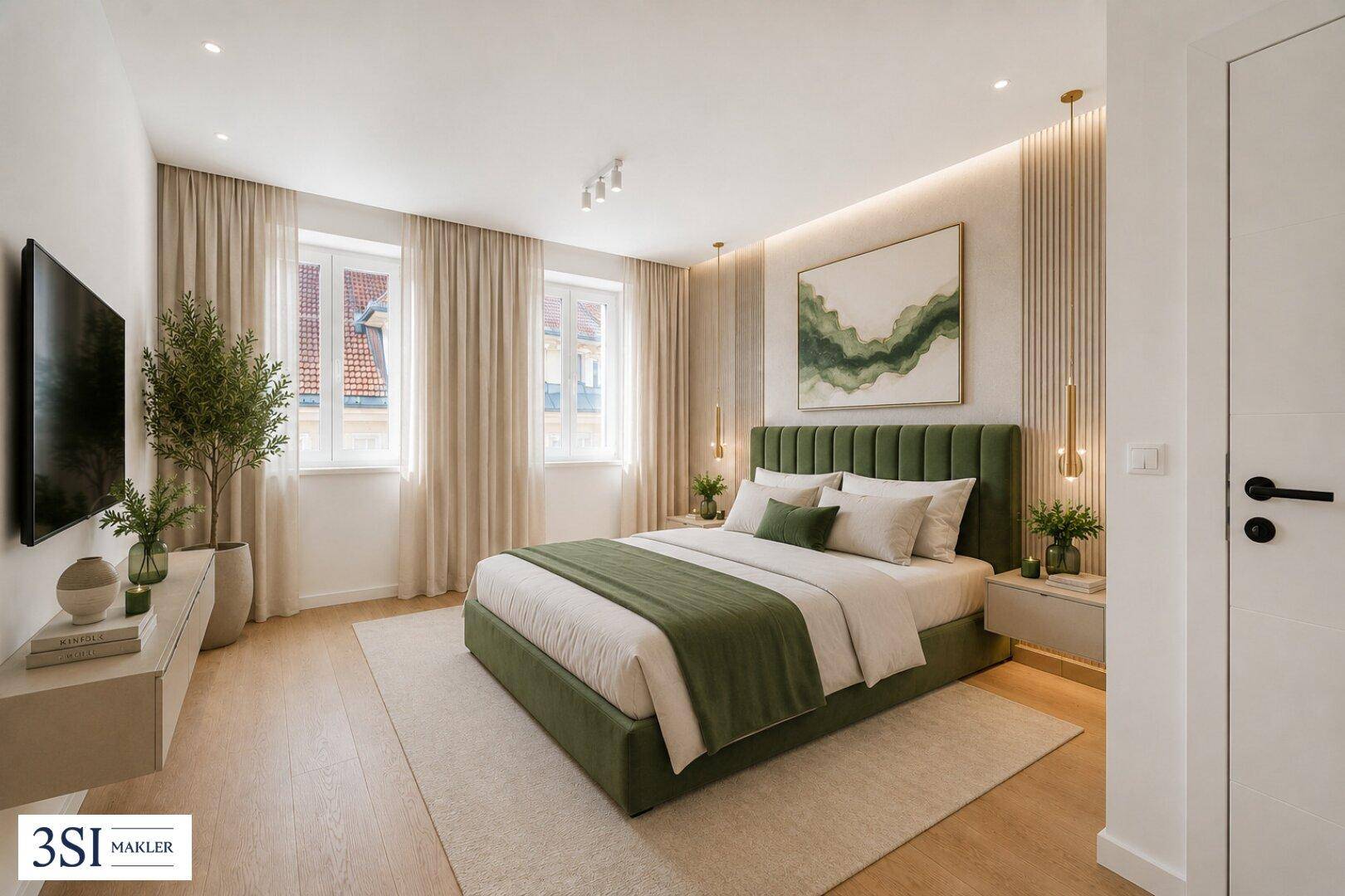 Modernes Schlafzimmer mit grünem Polsterbett, Holzboden und stilvoller Dekoration.