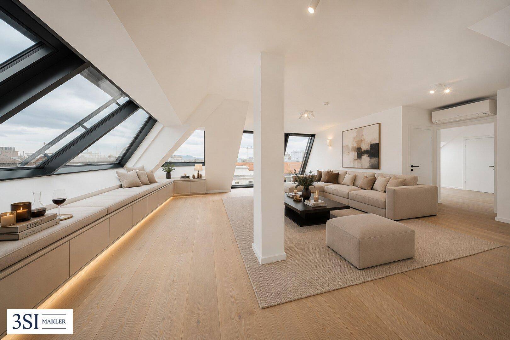 Helles Wohnzimmer mit modernen Möbeln, Holzboden und Klimaanlage unter den Dachschrägen.