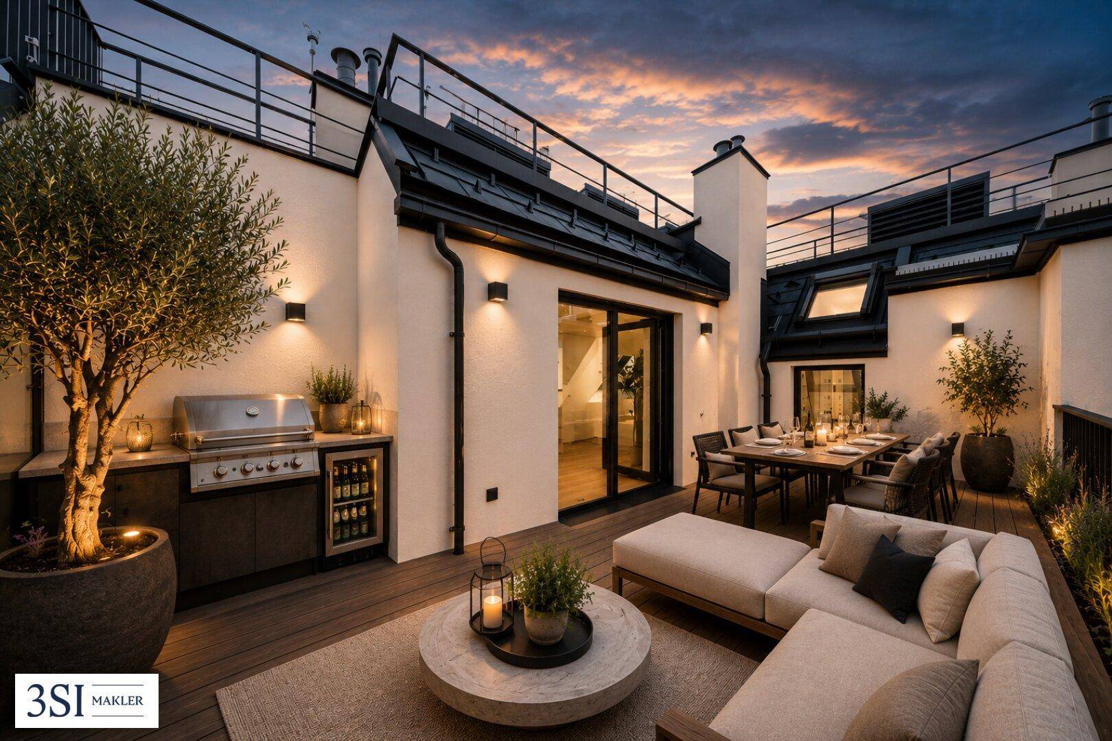 Großzügige Dachterrasse mit Essbereich, Lounge-Möbeln und integrierter Außenküche unter Abendhimmel.