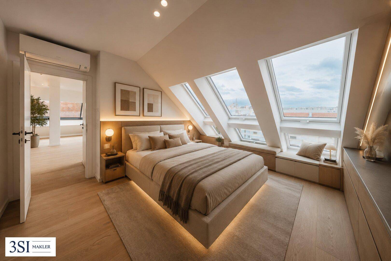 Gemütliches Schlafzimmer mit modernem Bett, Holzboden und großen Dachfenstern mit Stadtblick.