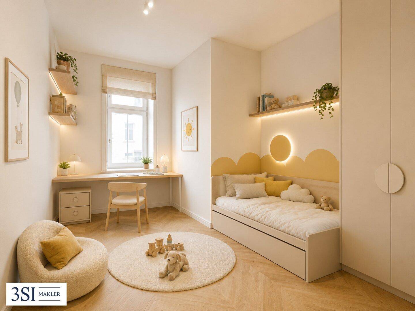 Freundliches Kinderzimmer mit Schreibtisch, Bett und spielerischer Dekoration in hellen Farben.