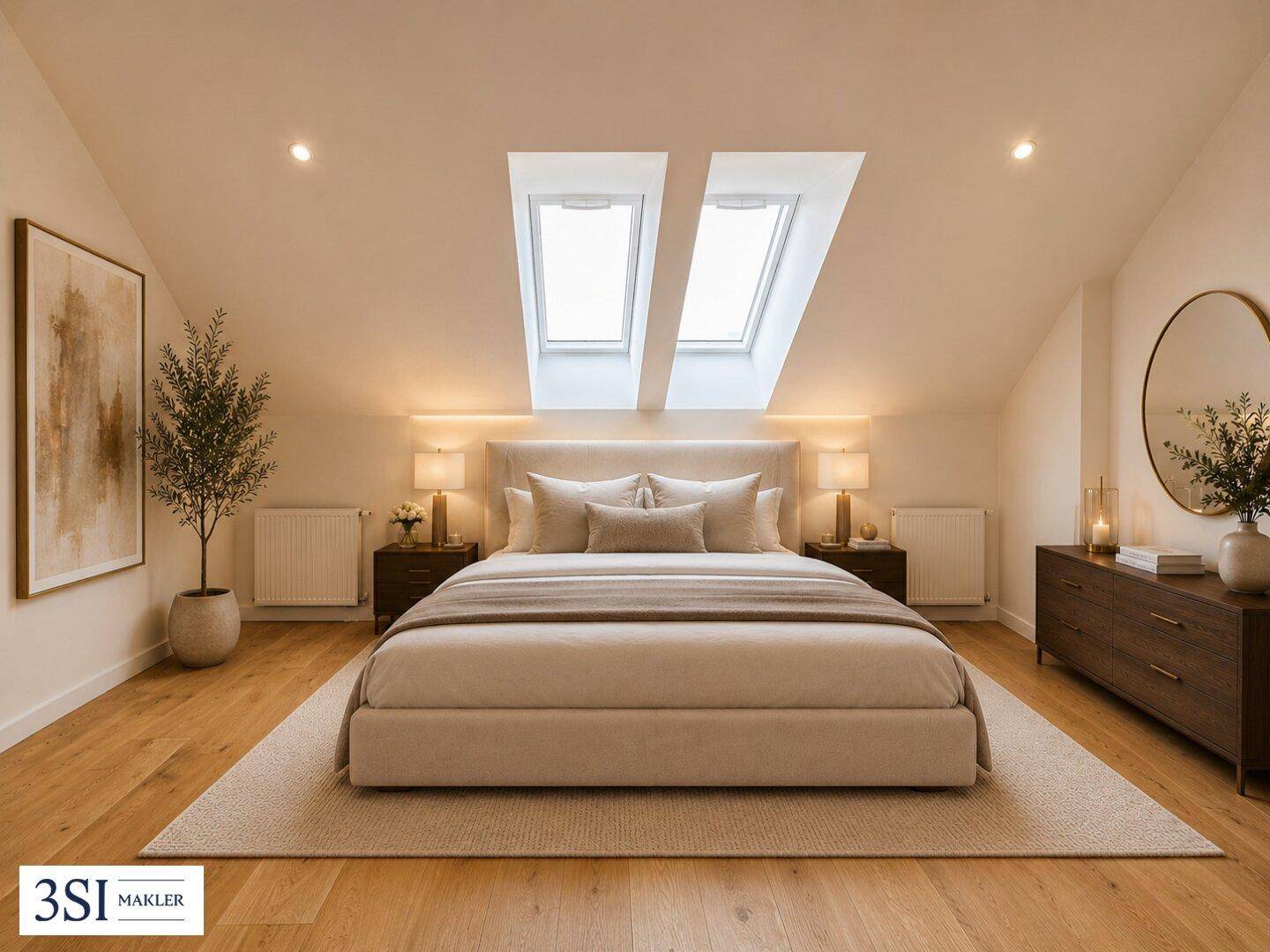Gemütliches Schlafzimmer im Dachgeschoss mit zwei Dachfenstern und Holzboden.