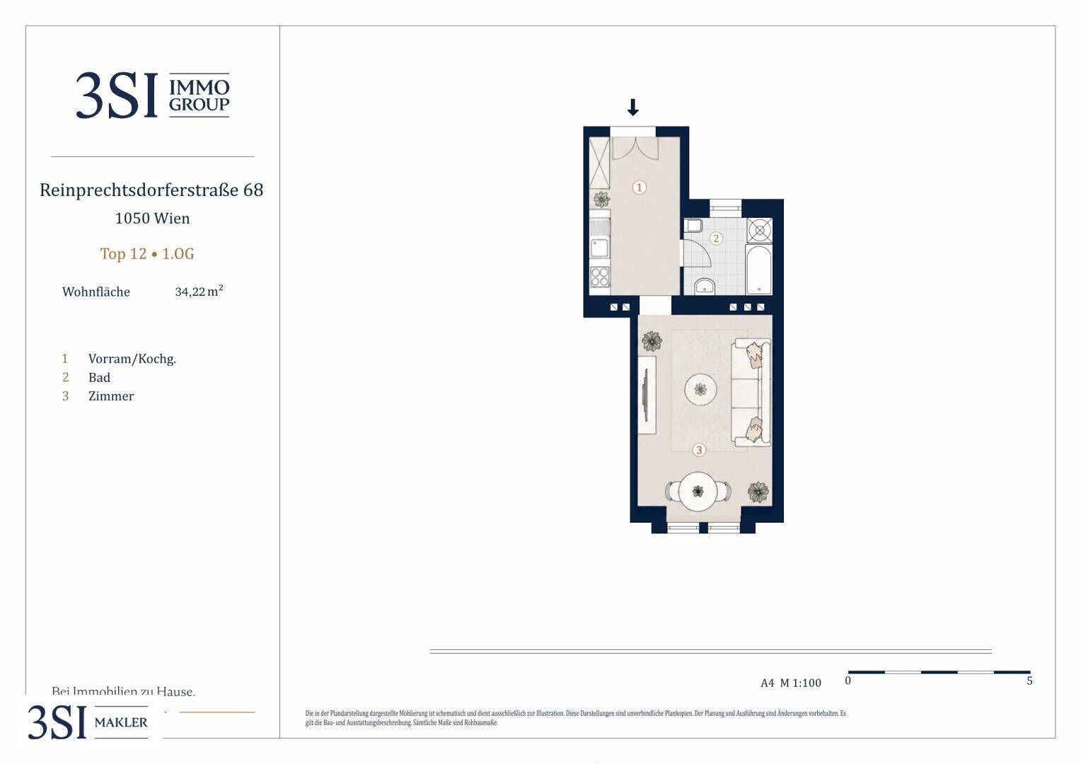 Grundriss einer 34,22 m² großen Wohnung mit separatem Schlafzimmer und offenem Wohnbereich.