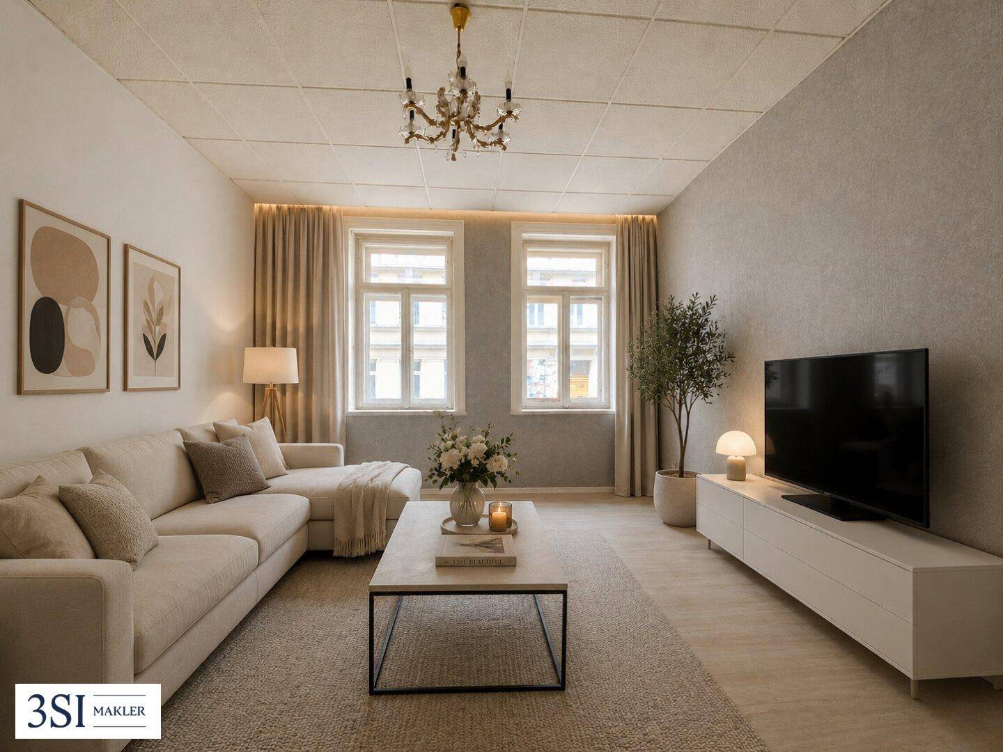 Helles Wohnzimmer mit beigem Sofa, Couchtisch und Fernseher in moderner Einrichtung.