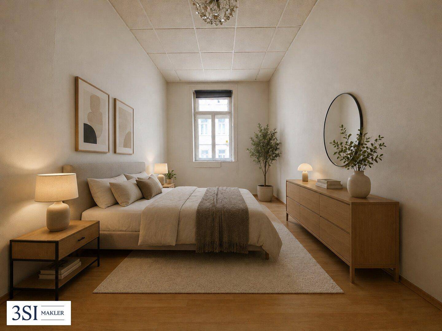 Gemütliches Schlafzimmer mit Doppelbett, Nachttischen und Kommode in warmen Farbtönen.