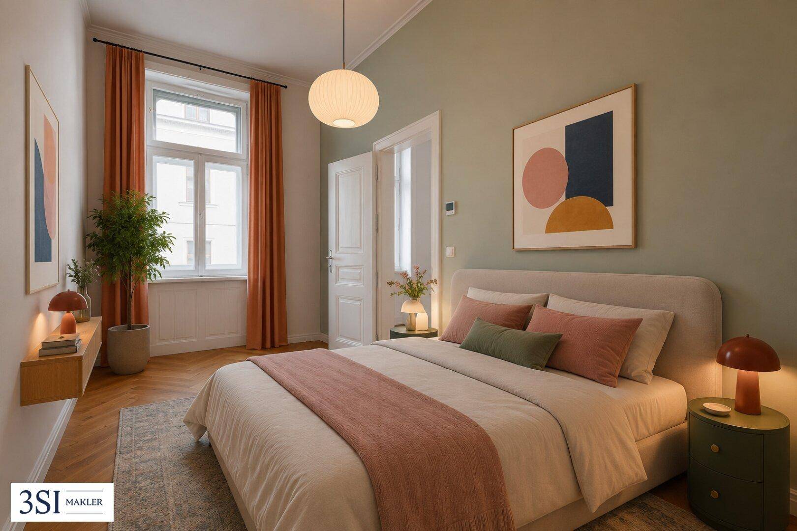 Gemütliches Schlafzimmer mit Fischgrätparkett, sanften Farben und großem Fenster.