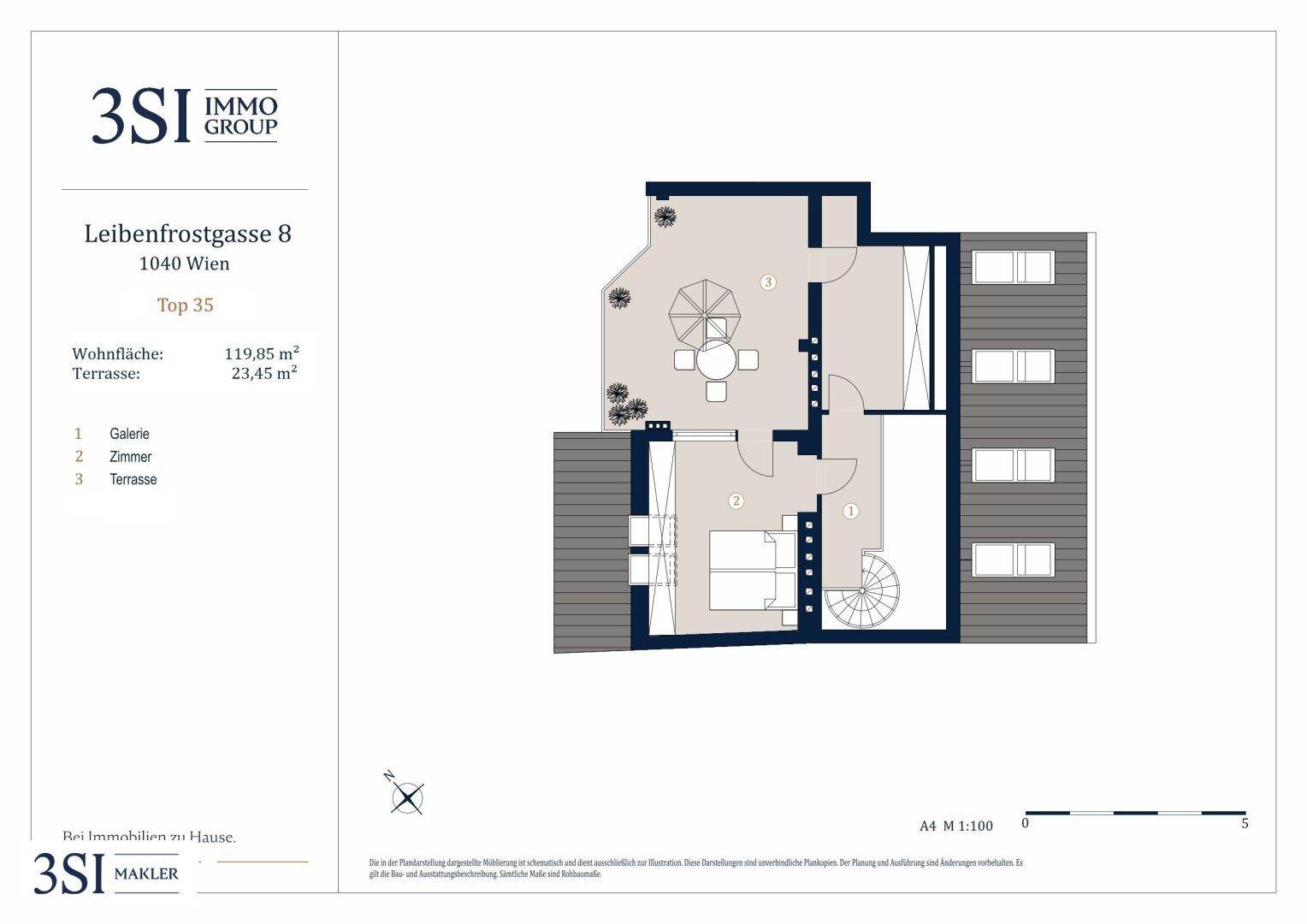 Grundriss der oberen Ebene mit Galerie, einem Zimmer und einer weiteren Terrasse, verbunden durch eine Wendeltreppe.