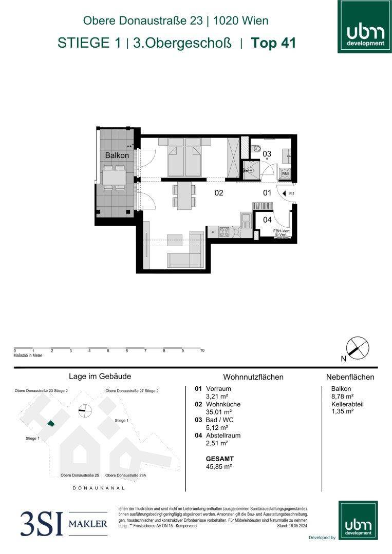 Grundriss einer Wohnung mit Balkon, Schlafzimmer und offenem Wohnbereich.