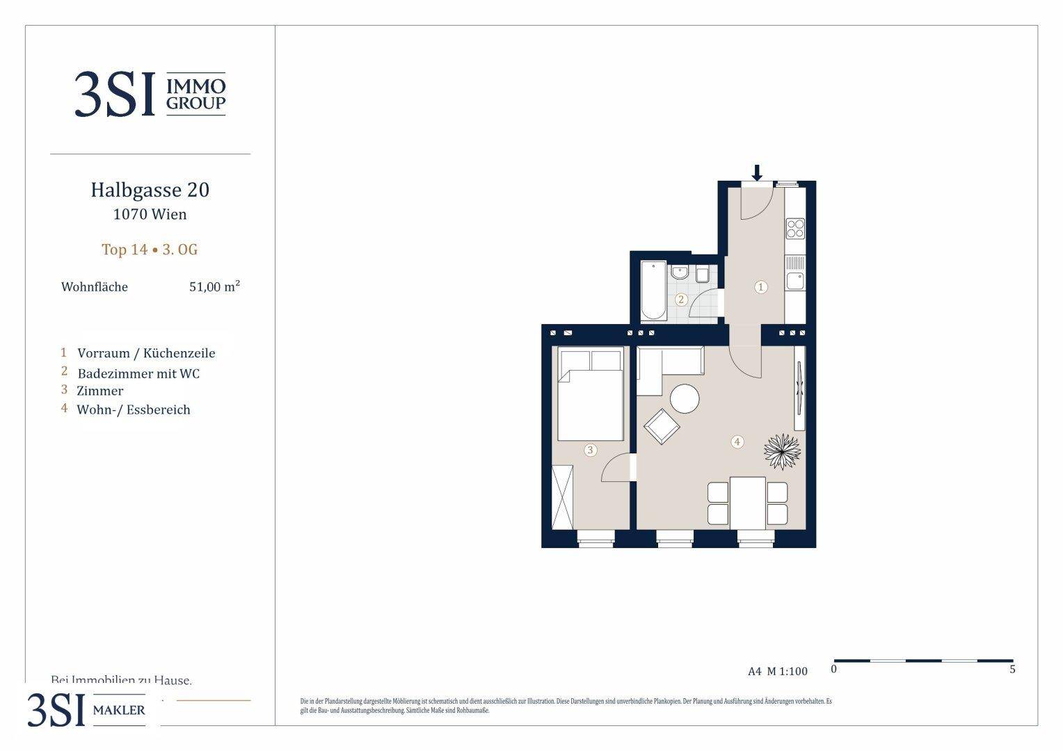Grundriss einer 51 m² großen Wohnung mit Schlafzimmer, offenem Wohn-/Essbereich und integrierter Küchenzeile.