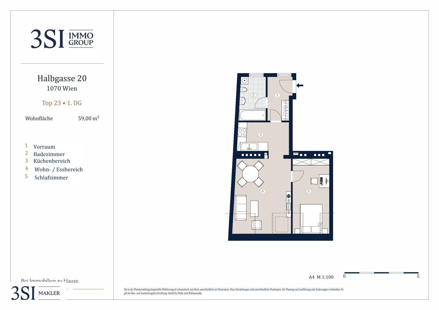 Grundriss einer 59 m² großen Wohnung mit offenem Wohn-/Essbereich, integrierter Küche, einem Schlafzimmer und Bad.