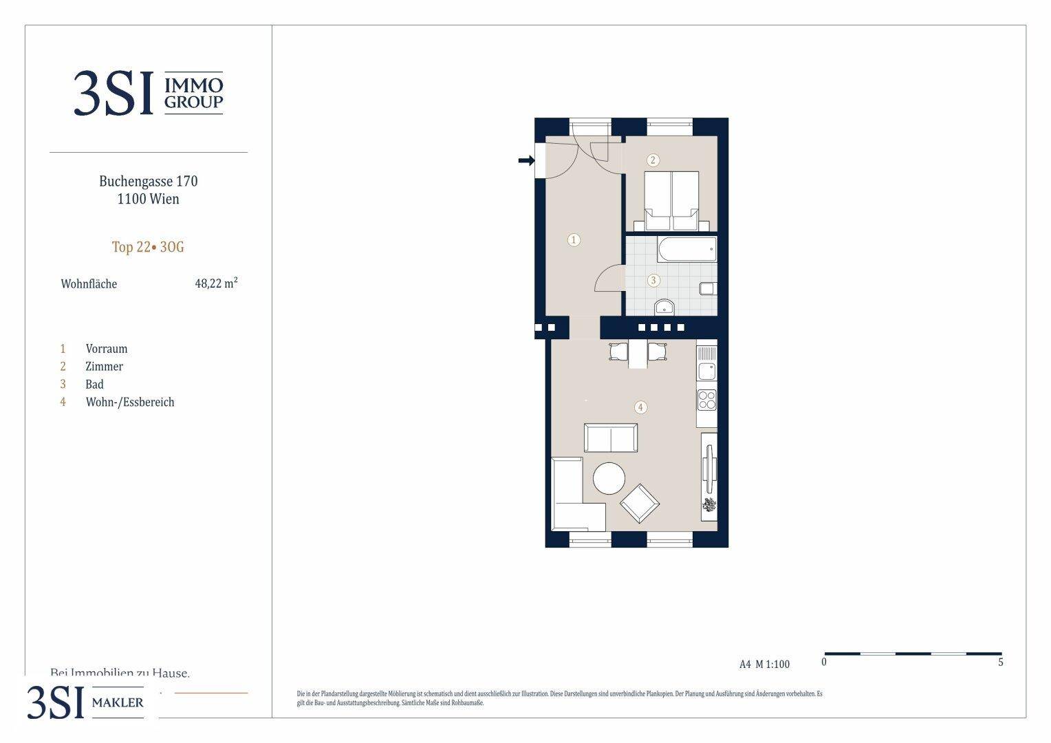 Grundriss einer kompakten Wohnung mit einem Schlafzimmer, offenem Wohn-/Essbereich und kleinem Balkon.