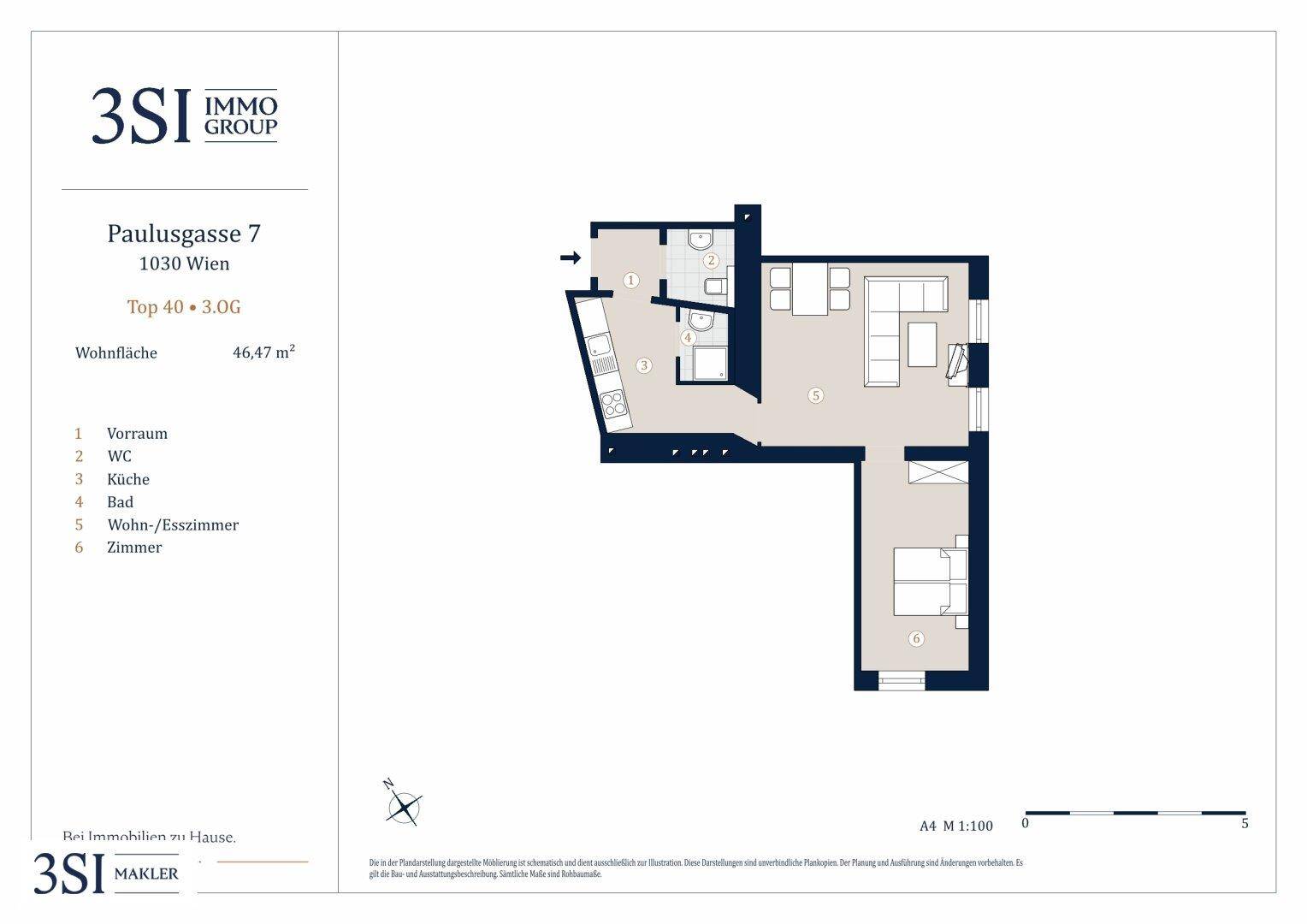 Grundriss einer 46,47 m² Wohnung mit offenem Wohn-/Essbereich, separatem Schlafzimmer und modernem Bad.