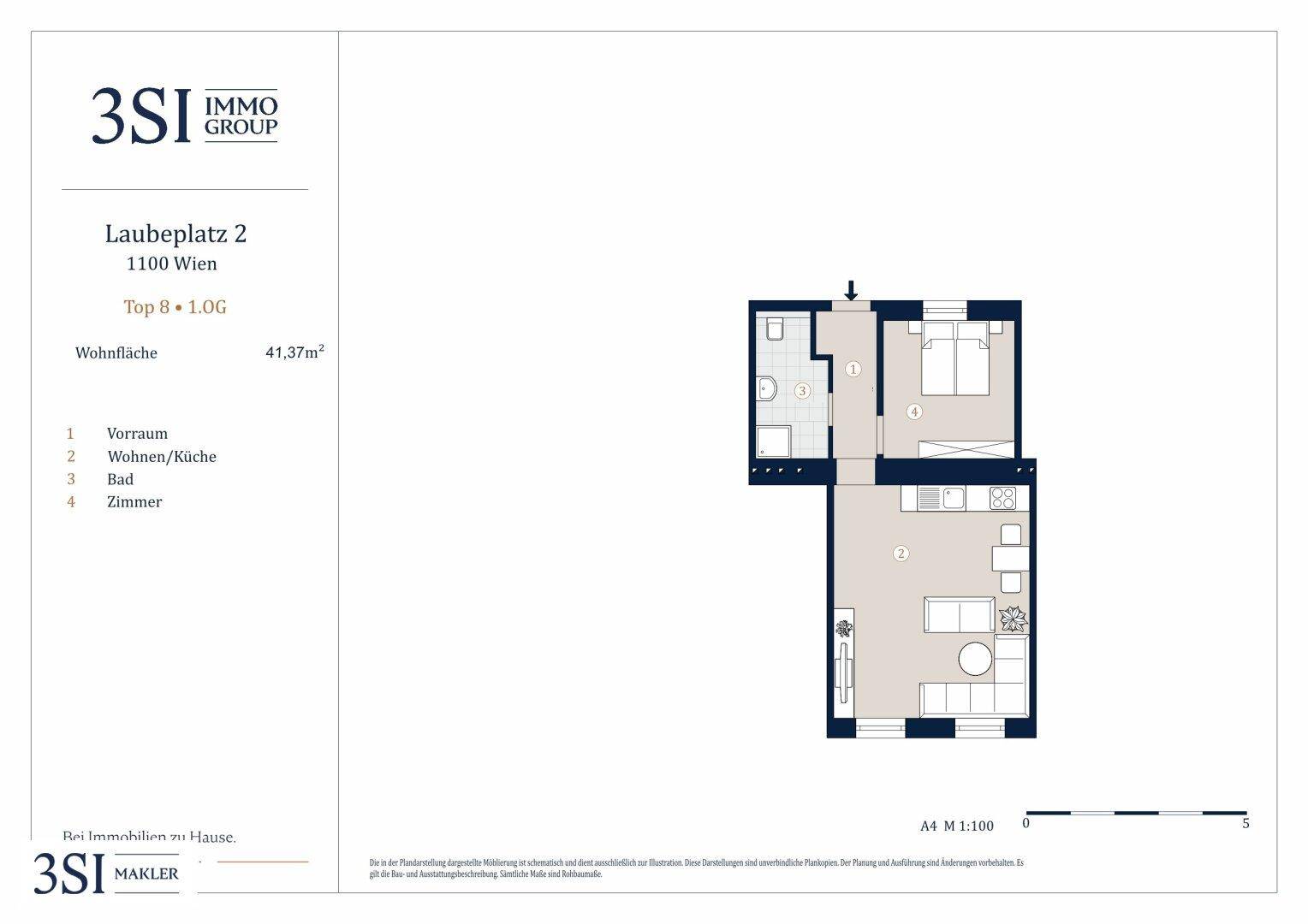 Grundriss einer 41,37 m² großen Wohnung mit offenem Wohn-/Kochbereich, einem Schlafzimmer und Bad.