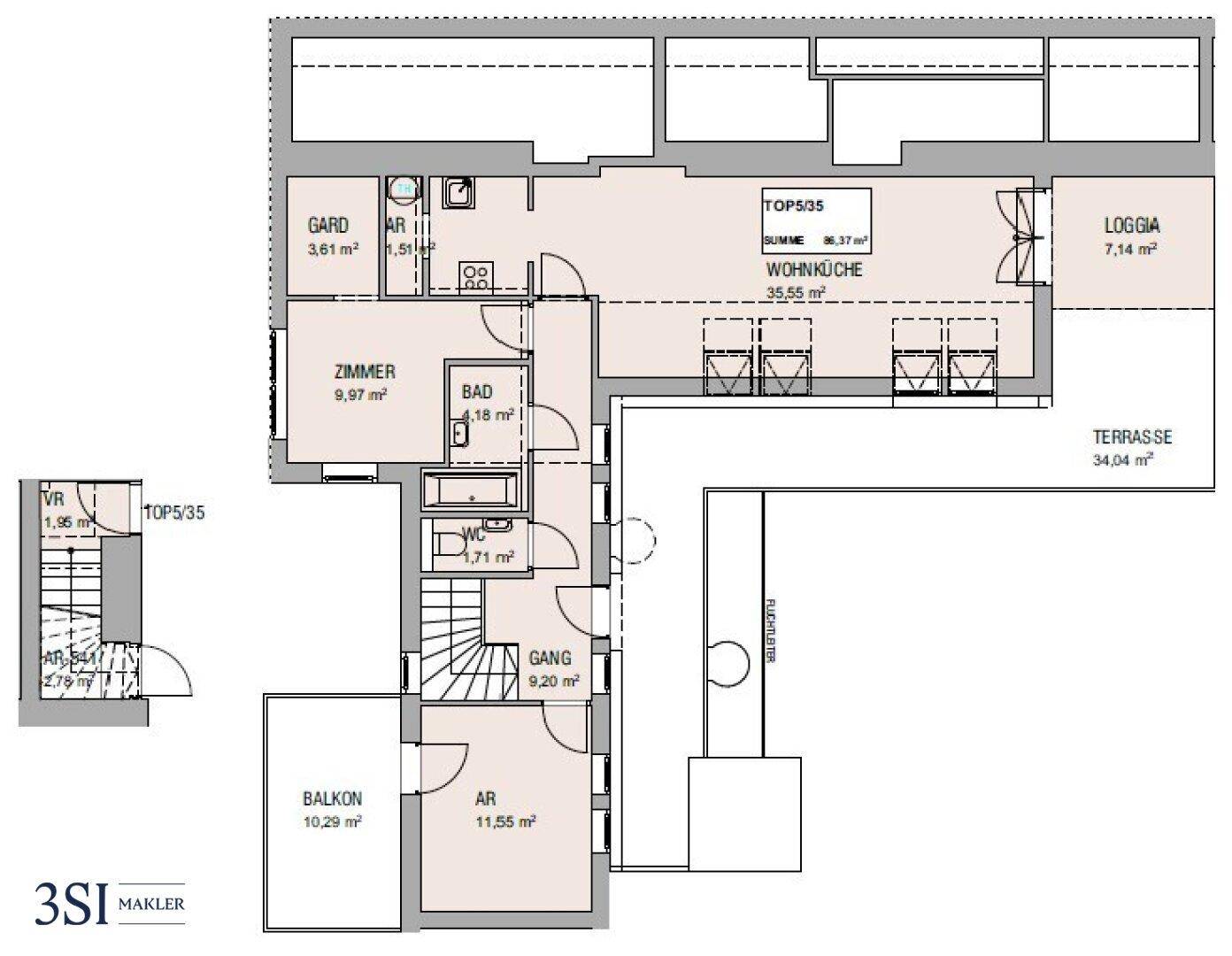 Grundriss einer Wohnung mit Wohnküche, Terrasse, Loggia und Balkon.