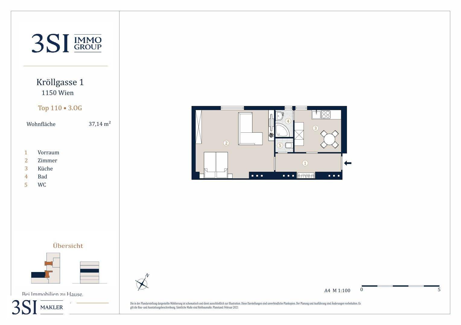 Grundriss einer Wohnung in Wien mit Vorraum, Zimmer, Küche, Bad und separatem WC.