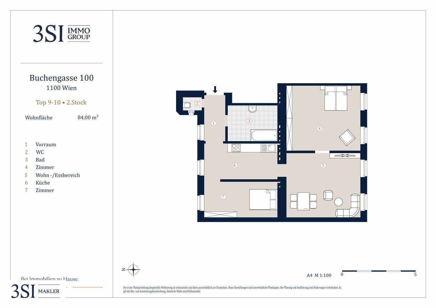 Grundriss einer Wohnung mit 84 m² Wohnfläche, aufgeteilt in Vorraum, WC, Bad, zwei Zimmer, Wohn-Essbereich und Küche.