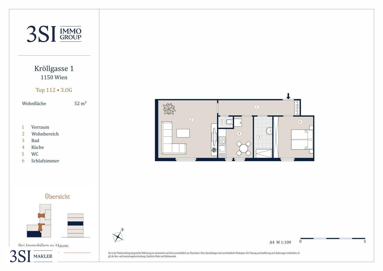 Grundriss einer Wohnung in der Kröllgasse 1, 1150 Wien, mit 52 m² Wohnfläche.