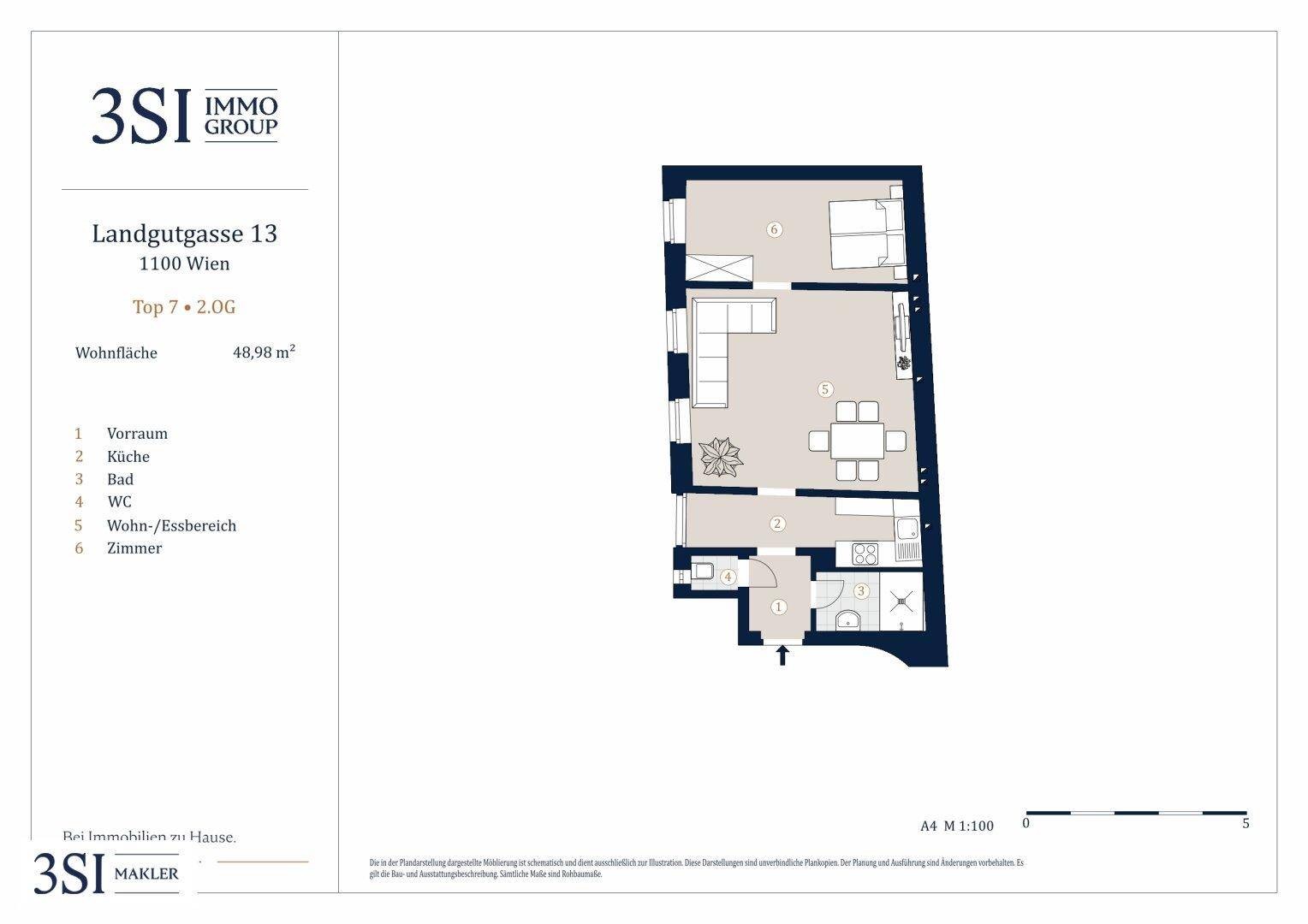 Grundriss einer Wohnung in Wien mit offenem Wohn-/Essbereich, Schlafzimmer, Bad und separatem WC.