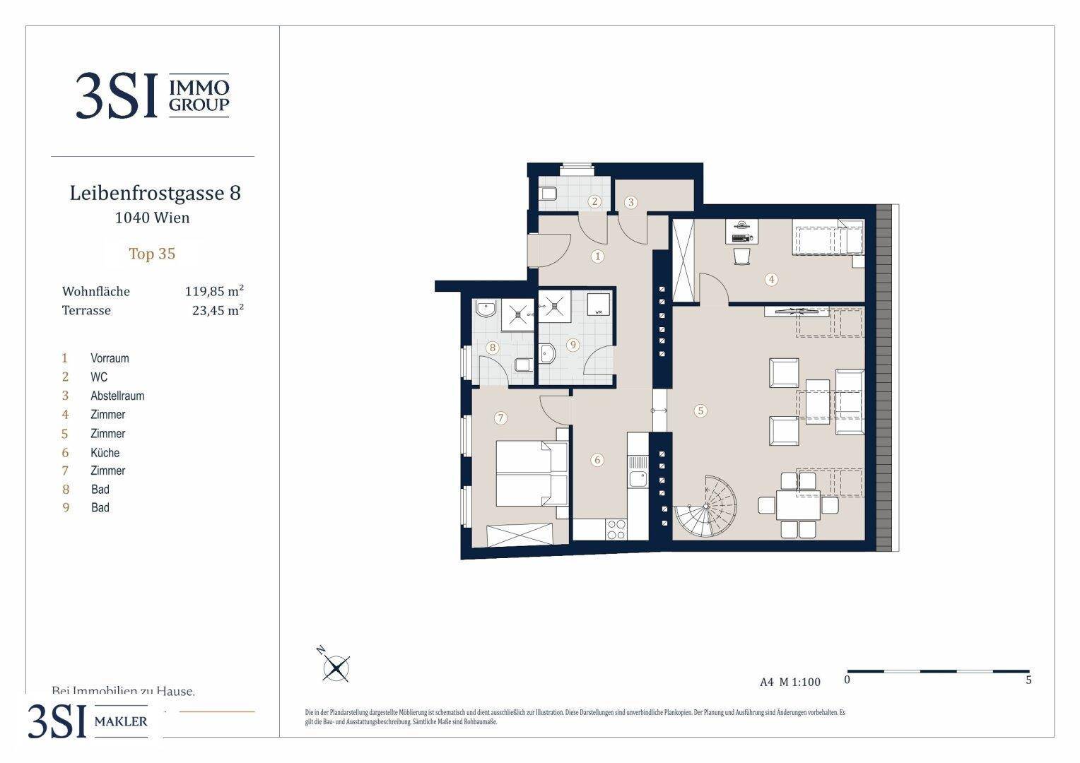 Grundriss einer Wohnung in Wien mit mehreren Zimmern, zwei Bädern, einer Gästetoilette und einer Terrasse.