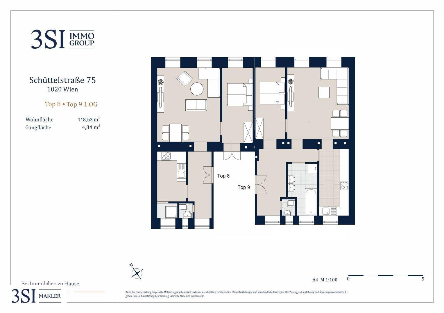 Grundrissplan von zwei benachbarten Apartments mit effizienter Raumaufteilung, Balkonzugang und modernen Bädern.