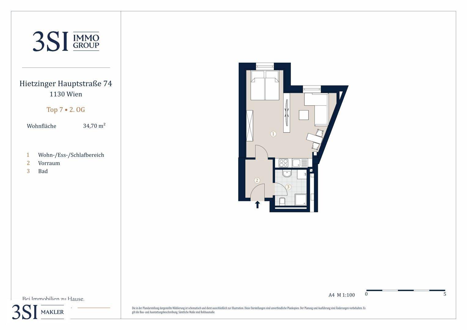 Grundriss einer kleinen Wohnung mit offenem Wohn-, Ess- und Schlafbereich, separatem Vorraum und einem Badezimmer.