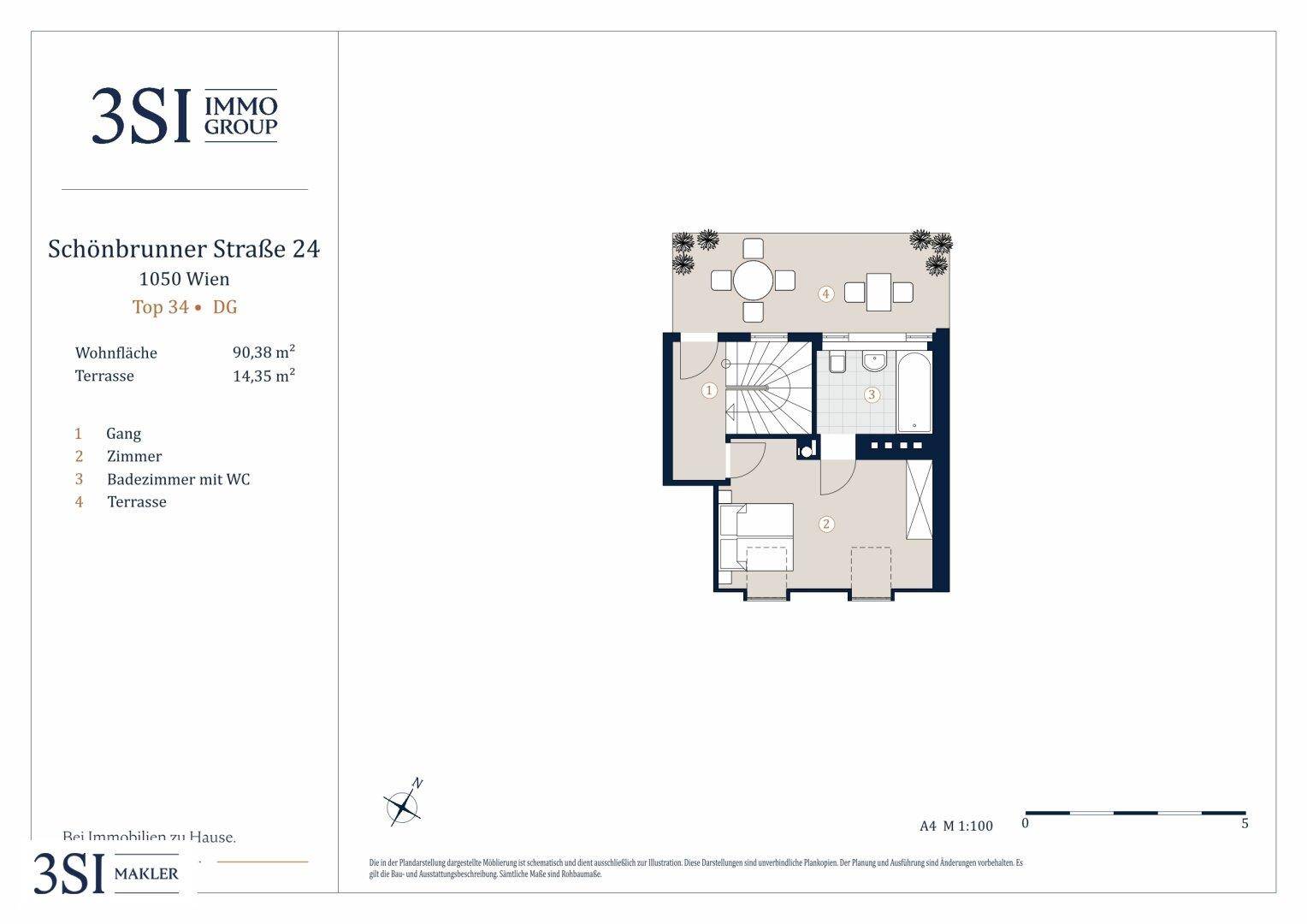 Grundriss des oberen Geschosses mit Schlafzimmer, Badezimmer und großer Dachterrasse.