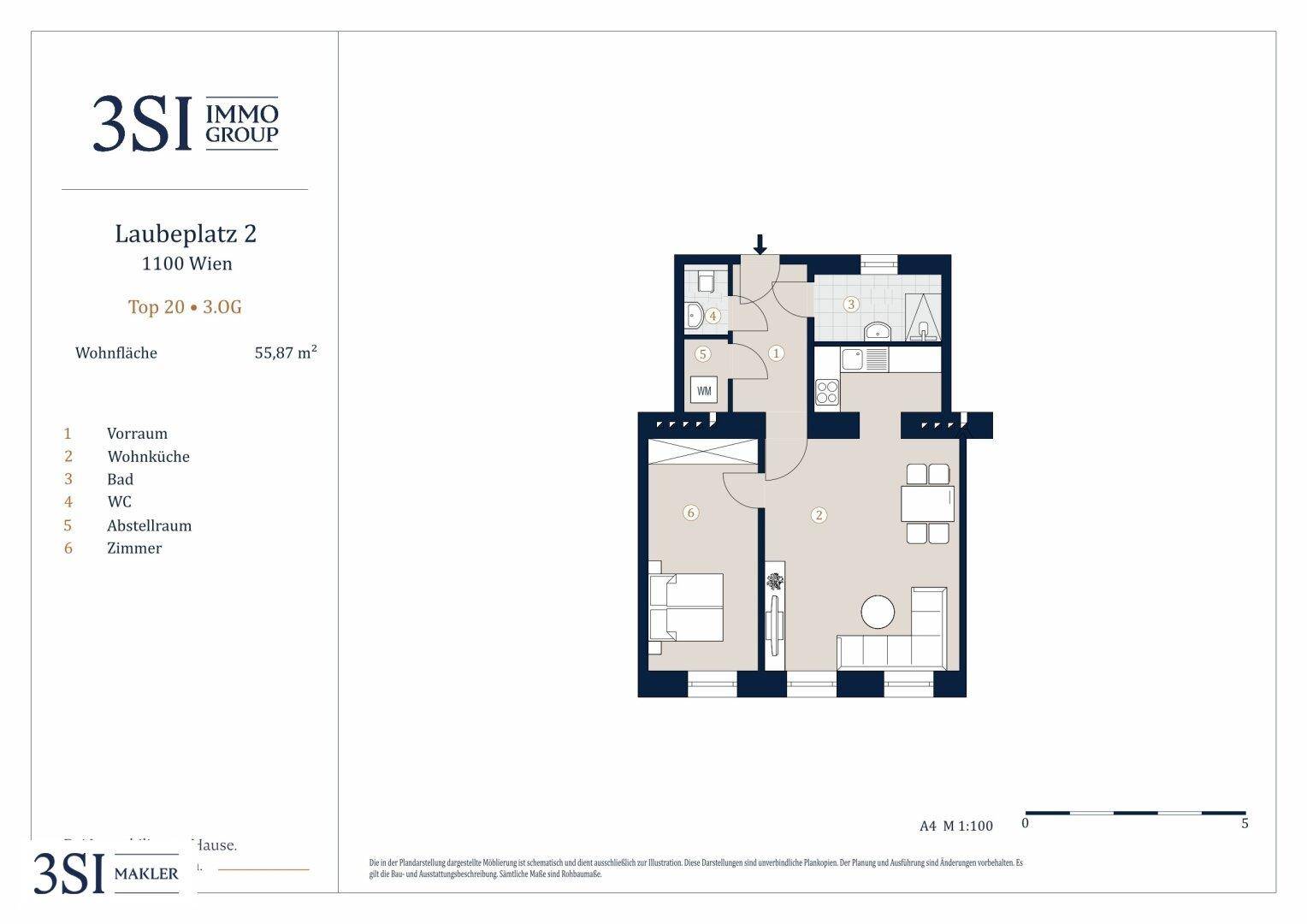 Grundriss einer Wohnung mit offener Wohnküche, einem Schlafzimmer, einem Badezimmer mit Dusche und separatem WC.