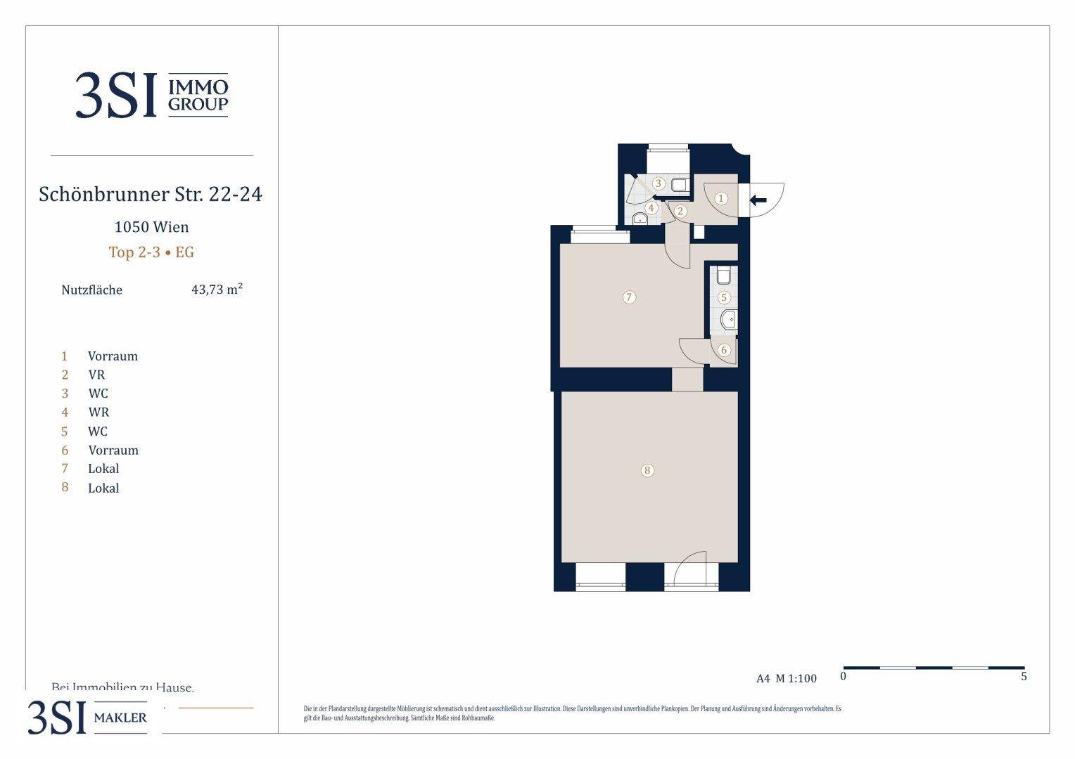 Grundrissplan einer Einheit mit 43,73 m² Nutzfläche, zwei großen Räumen und separaten Toiletten.