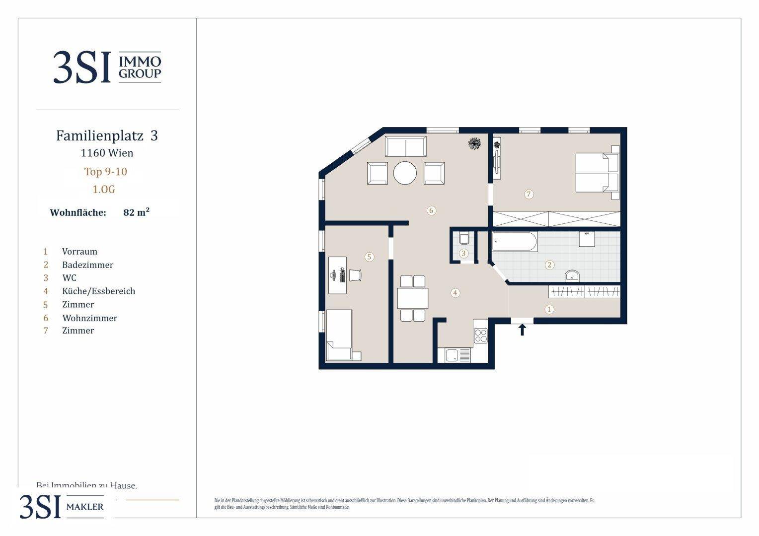Grundriss einer 82 m² Wohnung mit offenem Wohnbereich, Badezimmer und separatem WC.