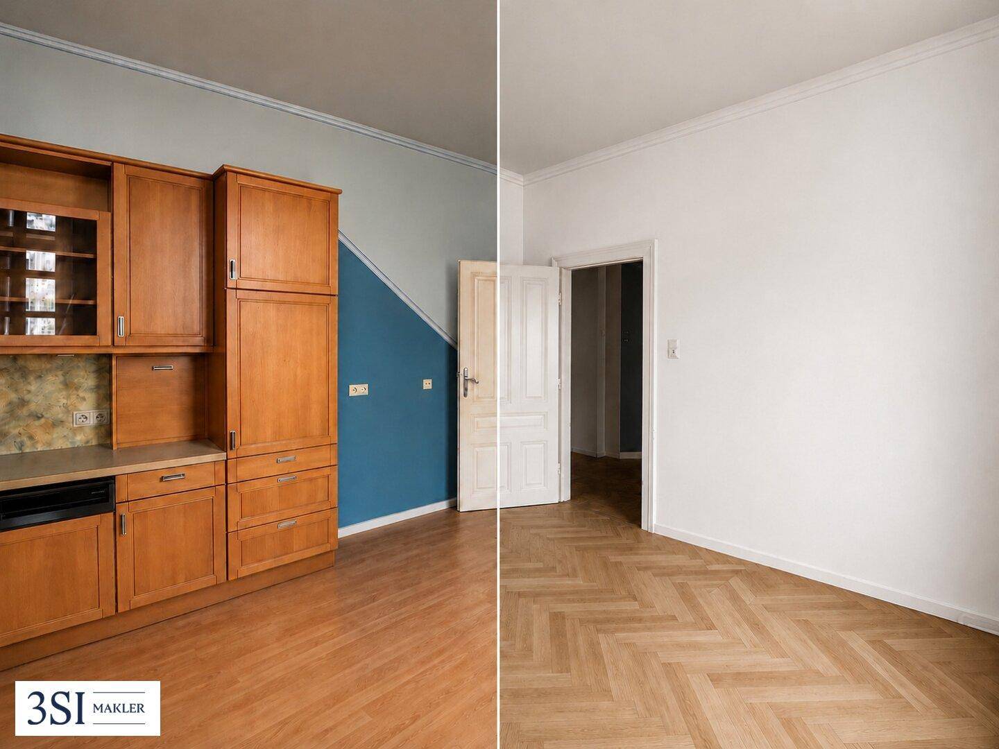 Geteilte Ansicht einer Küche mit Holzschränken und eines leeren Raumes mit Fischgrätparkett.