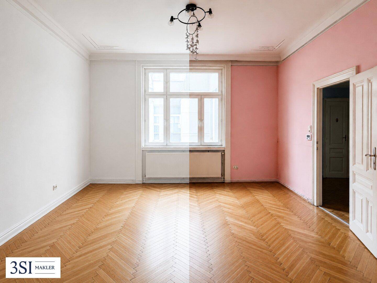 Geteilte Ansicht eines Zimmers mit Fischgrätparkett, Stuckdecke und großem Fenster.