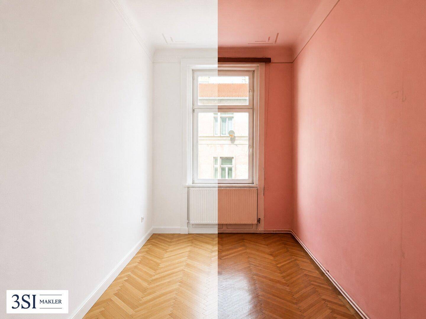 Geteilte Ansicht eines kleineren Zimmers mit Fischgrätparkett und Fenster.