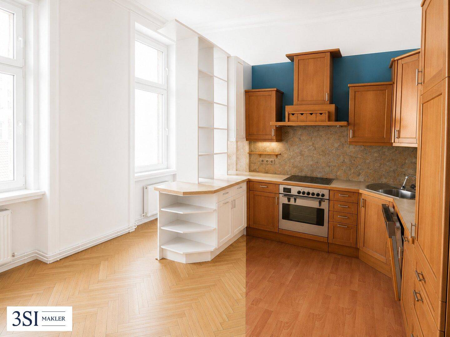 Geteilte Ansicht einer Küche mit Holzschränken, blauer Wand und Fischgrätparkett.