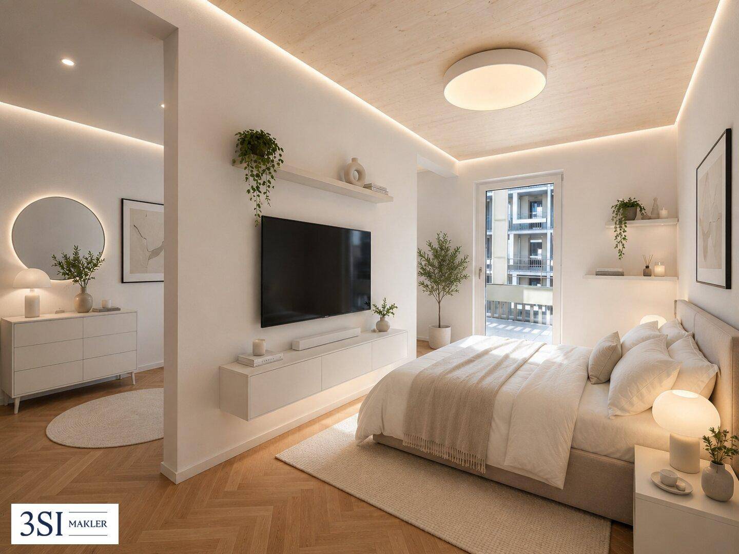 Modernes Schlafzimmer mit Holzboden, großem Fenster und indirekter Deckenbeleuchtung.