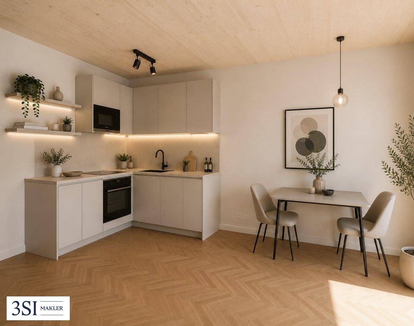 Kompakte, moderne Küche mit hellen Schränken, Essbereich und Holzboden.