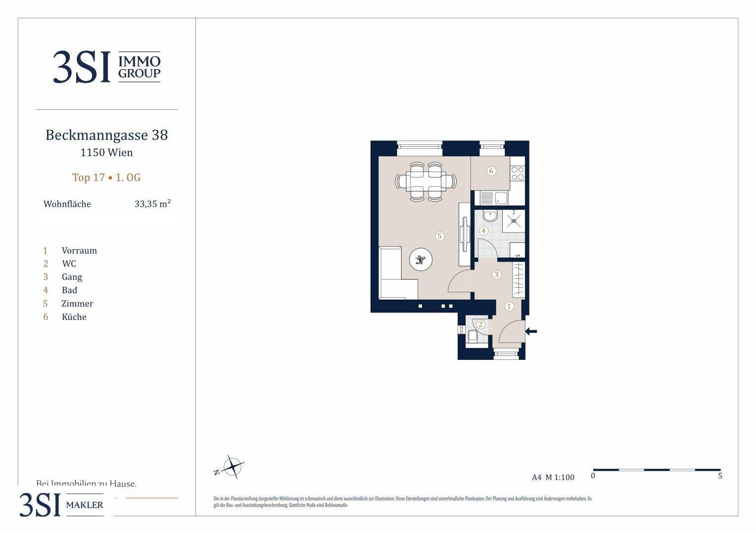 Grundriss einer Wohnung in Wien mit klarer Raumaufteilung und separatem WC.